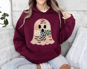 Halloween Patchwork Ghost Sweatshirt, Vintage Patchwork Ghost Tee, Ghost And Cat Shirt, Halloween Ghost Wear, Spooky Floral Ghost Outfit Tee