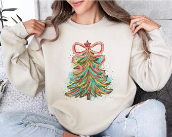 Colorful Coquette Christmas Tree Shirt, Preppy Christmas Sweatshirt, Holly Jolly Shirt, Pink Christmas Sweatshirt, Merry Christmas Shirt