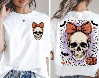 Preppy Halloween Coquette Bow Shirt, Custom Name Retro Skull Halloween Shirt, Halloween Spooky Sublimation, Spooky Skeleton Sweatshirt