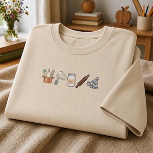 Embroidered Baking Essentials T-Shirt, Cute Baker Shirt, Kitchen Utensil Tee, Baking Lover Gift, Pastry Chef Shirt, Cozy Foodie Top