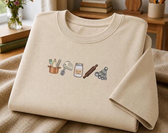 Embroidered Baking Essentials T-Shirt, Cute Baker Shirt, Kitchen Utensil Tee, Baking Lover Gift, Pastry Chef Shirt, Cozy Foodie Top