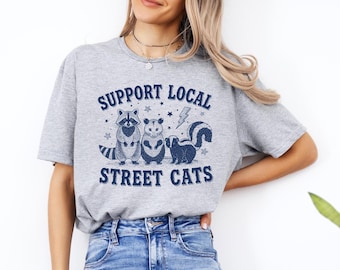 Support Your Local Street Cats Graphic T-Shirt, Retro Unisex Adult T Shirt, Retro Raccoon T Shirt, Nostalgia T Shirt, Funny Raccoon Shirt