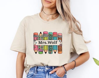 Custom Pencil Teacher Name Shirt, Personalized Teacher Shirt, Retro Teacher Pencil Shirt, Teacher Tees, Gift for Teacher, Back to School Tee