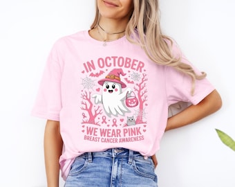 In October We Wear Pink Ghost Shirt, Halloween in October We Wear Pink, Breast Cancer Awareness Shirt, Pink Ribbon Shirt, Wear Pink Pumpkin