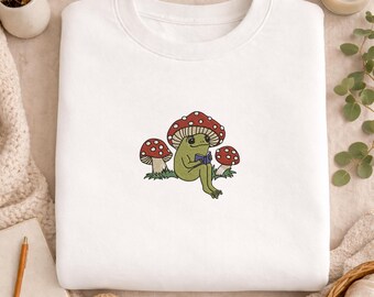Frog and Mushrooms Embroidered Sweatshirt, Shirt, Cute Frog Graphic Tee, Nature Lover Gift, Forest Frog Shirt, Whimsical Animal Sweatshirt