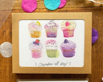 Colorful birthday cupcake notecard set -  purple, blue and pink cupcakes - set of 8 blank cards for gifts - birthday cards