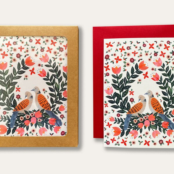 holiday notecard set with birds and flowers - set of 8 blank folded Christmas notecards - festive holiday card with turtledoves and flowers