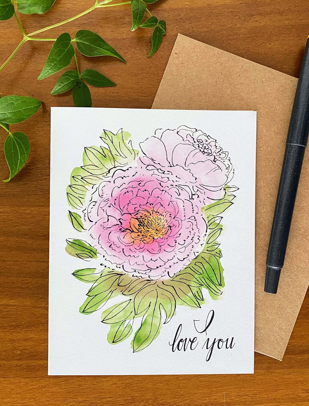 Peony Watercolor Floral Notecard - Blank Notecard With Pink Flowers - Etsy