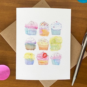 Birthday cupcake notecard - original watercolor cupcake birthday card - blank notecard stationary - birthday card - gift for her