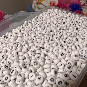 Individual Number or Symbol Beads, White and Black Number Beads, Plastic White Circle Number Beads