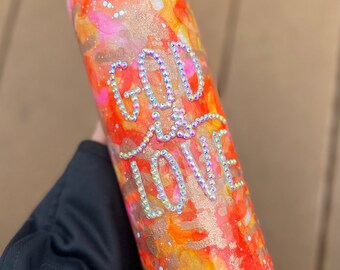 Rhinestone Tumbler God Is Love Tie Dye tumbler Hand Made Epoxy Tumblers Rhinestones