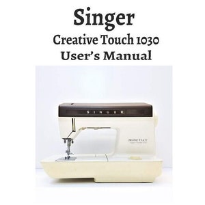 May include: A white Singer Creative Touch 1030 sewing machine with a brown top and a white foot pedal. The machine has a needle and thread in place, ready to sew.