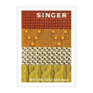 May include: A close-up of four different knit fabric swatches in orange, yellow, and white. The swatches are labeled with the text "SINGER" and the numbers "110, 210, 1310, 2310, 600".