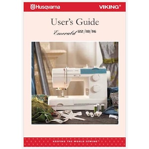 May include: User's Guide for the Husqvarna Viking Emerald 122/118/116 sewing machine. The guide features a photo of the machine with bobbins and a measuring tape.