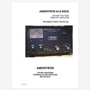 Ameritron ALS-600 and ALS600S 600 Watt Amplifier Instruction Manual Instant Download