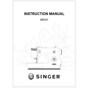 May include: A black and white illustration of a Singer sewing machine with the model number ME457. The machine is surrounded by stylized floral designs. The Singer logo is at the bottom of the image.