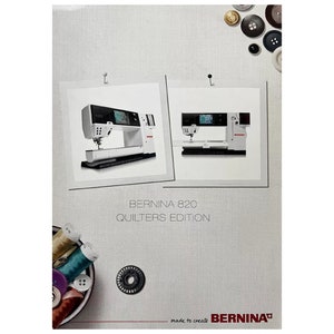 Könnte beinhalten: Eine weiße Bernina 820 Quilters Edition Nähmaschine mit einem großen digitalen Display. Die Maschine ist auf einem weißen Hintergrund mit einem Bernina-Logo unten abgebildet.
