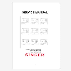 May include: A white service manual cover with the text "SERVICE MANUAL" in black. Below are nine line drawings of sewing machines. The Singer logo is in red. Model numbers are listed below the drawings.