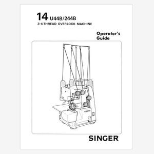 May include: A black and white illustration of a Singer 14U44B/244B 3-4 thread overlock machine. The image is an operator's guide, with the Singer logo at the bottom. The machine is shown with thread spools and various components.