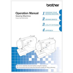 Peut inclure: Illustration en noir et blanc d'une machine à coudre sur un fond à carreaux bleu et blanc. L'image provient d'un manuel d'utilisation de machine à coudre Brother. Le manuel comprend des sections sur la connaissance de votre machine à coudre, les bases de la couture, les points utilitaires et une annexe.