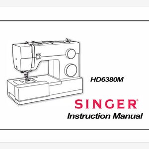 May include: A black and white line drawing of a Singer HD6380M sewing machine. The image is a product manual cover with the text "SINGER Instruction Manual" in red.