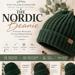 Pode incluir: Um padrão de crochê para um gorro canelado grosso verde-escuro com o texto The Nordic Beanie, Digital Crochet Patterns, Instant Download, além de detalhes sobre nível, tamanho da agulha 5.0 mm, peso do fio e três variantes.