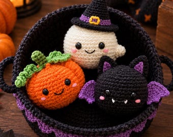 Halloween Crochet Pattern PDF | Pumpkin Ghost & Bat Amigurumi | Halloween Plushie Pattern | Crochet Steamer Basket | Spooky Kawaii Decor