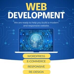 Pode incluir: Um gráfico azul e branco de um cérebro dentro da tela de um laptop com o texto "WEB DEVELOPMENT" em letras amarelas. Abaixo do laptop, quatro botões amarelos com o texto "WORDPRESS", "E-COMMERCE", "RESPONSIVE" e "RE-DESIGN".