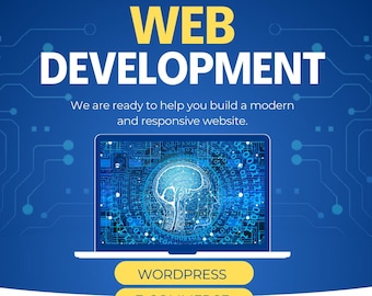 Könnte beinhalten: Eine blaue und weiße Grafik eines Gehirns in einem Laptop-Bildschirm mit dem Text "WEB DEVELOPMENT" in gelben Buchstaben. Unter dem Laptop befinden sich vier gelbe Schaltflächen mit dem Text "WORDPRESS", "E-COMMERCE", "RESPONSIVE" und "RE-DESIGN".