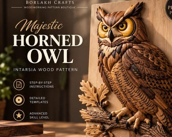 Majestic Horned Owl Intarsia Pattern | Scroll Saw Woodworking Pattern | Owl Wood Art Template | Advanced Intarsia Wood Pattern | PDF Guide