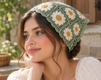 Crochet Daisy Bandana Pattern PDF | Floral Granny Square Head Scarf | Crochet Kerchief Pattern | Flower Hair Scarf | Instant Download