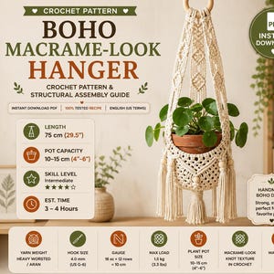 Boho makraméblomma för växthängare | Hängande planteringslåda PDF | Virkad växthållare | Boho heminredning | Virkmönster för mellannivå