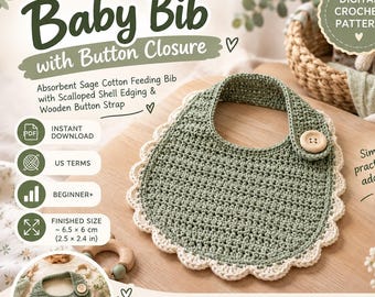 Baby Bib Crochet Pattern PDF | Crochet Baby Bib Pattern | Feeding Bib with Button Closure | Scalloped Bib Pattern | Instant Download