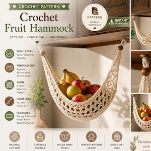 Puede incluir: Un patrón de hamaca para frutas a ganchillo con un diseño de red de algodón color crema y cuentas de madera. El texto dice Crochet Fruit Hammock, Skill Level Easy, Finished Size 45 cm wide by 35 cm deep, Yarn Cotton Worsted Weight y Hook Size 4.0 mm.