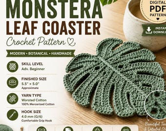 Schema PDF per sottobicchiere all'uncinetto a forma di foglia di Monstera / Tutorial per sottobicchiere con piante tropicali / Decorazione botanica per la casa / Download immediato