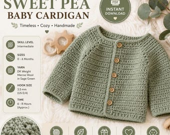 Crochet Baby Cardigan Pattern PDF | Button Front Baby Sweater | Crochet Baby Jacket Pattern | Newborn Baby Gift | Instant Download