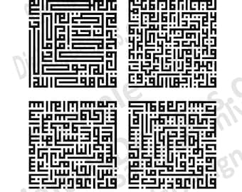 4つのQulsクーフィー体カリグラフィーアート｜イスラムの壁画（デジタルプリント）