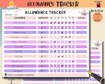 Allowance Tracker , Printable Allowance Chore Chart, Earn Money Chart,  Kids Chore Chart, Editable PDF, Allowance Chart fot kids, US letter