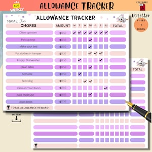 Allowance Tracker , Printable Allowance Chore Chart, Earn Money Chart,  Kids Chore Chart, Editable PDF, Allowance Chart fot kids, US letter