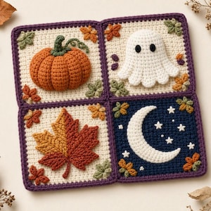 May include: A square crochet panel composed of four distinct blocks featuring seasonal motifs: a three-dimensional orange pumpkin, a white ghost, a multi-colored autumn maple leaf, and a white crescent moon with stars on a dark blue background.