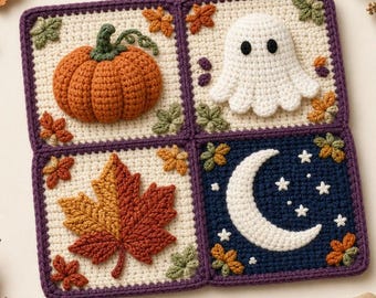 Halloween Granny Square Crochet Pattern PDF – Pumpkin, Ghost, Leaf & Moon Motifs