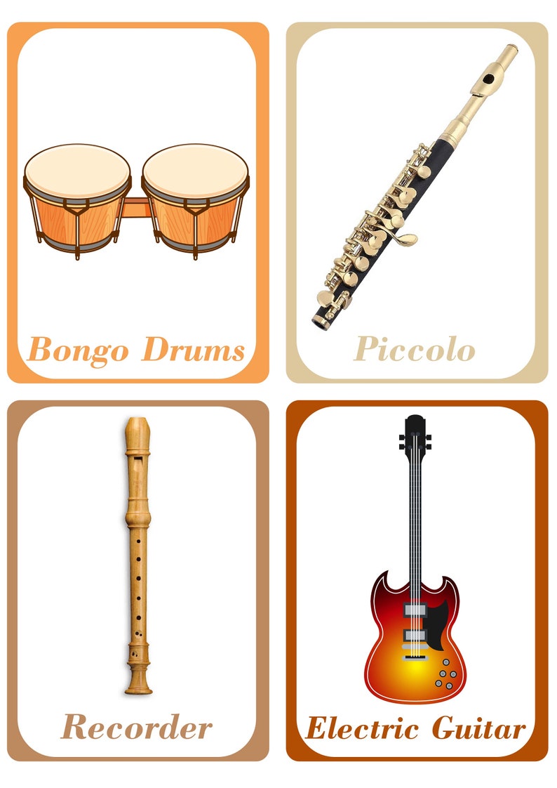 Musical Instruments Flash Cards for Kids - Flute, Guitar, Piano, Drums ...