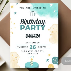 May include: A white birthday party invitation with blue and yellow watercolor accents. The invitation says "You are invited to Birthday Party Samara" and includes the date, time, and location.