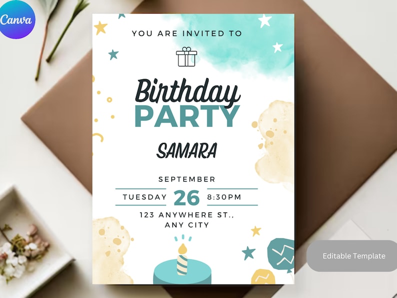 May include: A white birthday party invitation with blue and yellow watercolor accents. The invitation says "You are invited to Birthday Party Samara" and includes the date, time, and location.