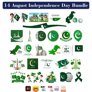 Pode incluir: Um pacote de download digital de gráficos para o Dia da Independência do Paquistão em 14 de agosto. Os gráficos incluem ilustrações da bandeira paquistanesa, do Minar-e-Pakistan e personagens de desenhos animados celebrando o feriado. Os gráficos estão disponíveis nos formatos AI, EPS, JPG, PDF, PNG e SVG.