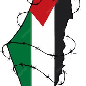 May include: A stylized outline of the Palestinian flag, with red, white, green, and black colors, wrapped in barbed wire.