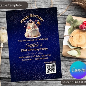 Bearbeitbare Canva Geburtstagseinladungskarte - anpassbare digitale Vorlage mit QR-Code BP005O