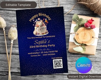 Editable Canva Birthday Invitation Card - Customizable Digital Template With QR Code BP005O
