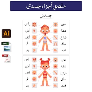 ملصق أجزاء الجسم للأطفال | تعلم أجزاء الجسم للأطفال | ملصقات اطفال عربية | خطط ديكور حضانة للأطفال قابلة للطباعة بتنسيق PDF