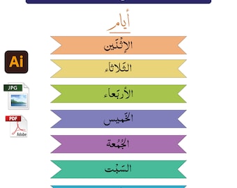 May include: A blue banner with the Arabic text "Ma'afiq al-A'lam" in white. Below the banner are seven colorful banners with Arabic text in black. The text on the banners reads: "Al-A'lam", "Al-Qita'a", "Al-Rakhama", "Al-Khaybis", "Al-Bayda", "Al-Sha'at", "Al-Rakn".